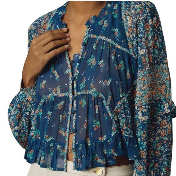 Anthropologie Womens Babydoll PeasantTop Size L Floral Boho Sheer Croppped - Picture 6 of 11